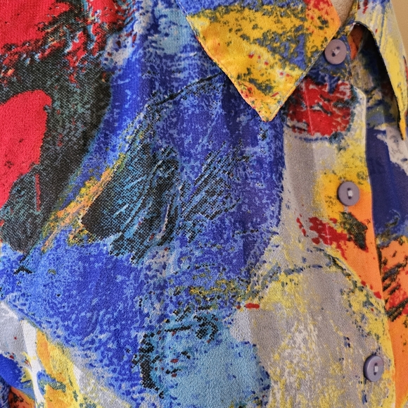 Vintage Blouse Modern Colorful Abstract Art Design Button up Long Sleeve - Picture 5 of 12